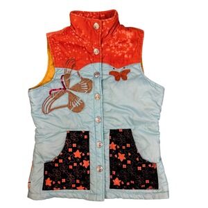 True Religion Mixed Media Puffer Vest Butterfly Boho Western Festival Size Small